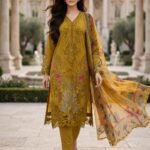 Mustard Gold Embroidered 3 Piece Suit with Printed Chiffon Dupatta