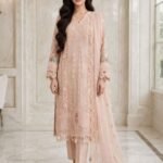 Peach Blush Cutwork Embroidered 3 Piece Suit with Floral Border Dupatta