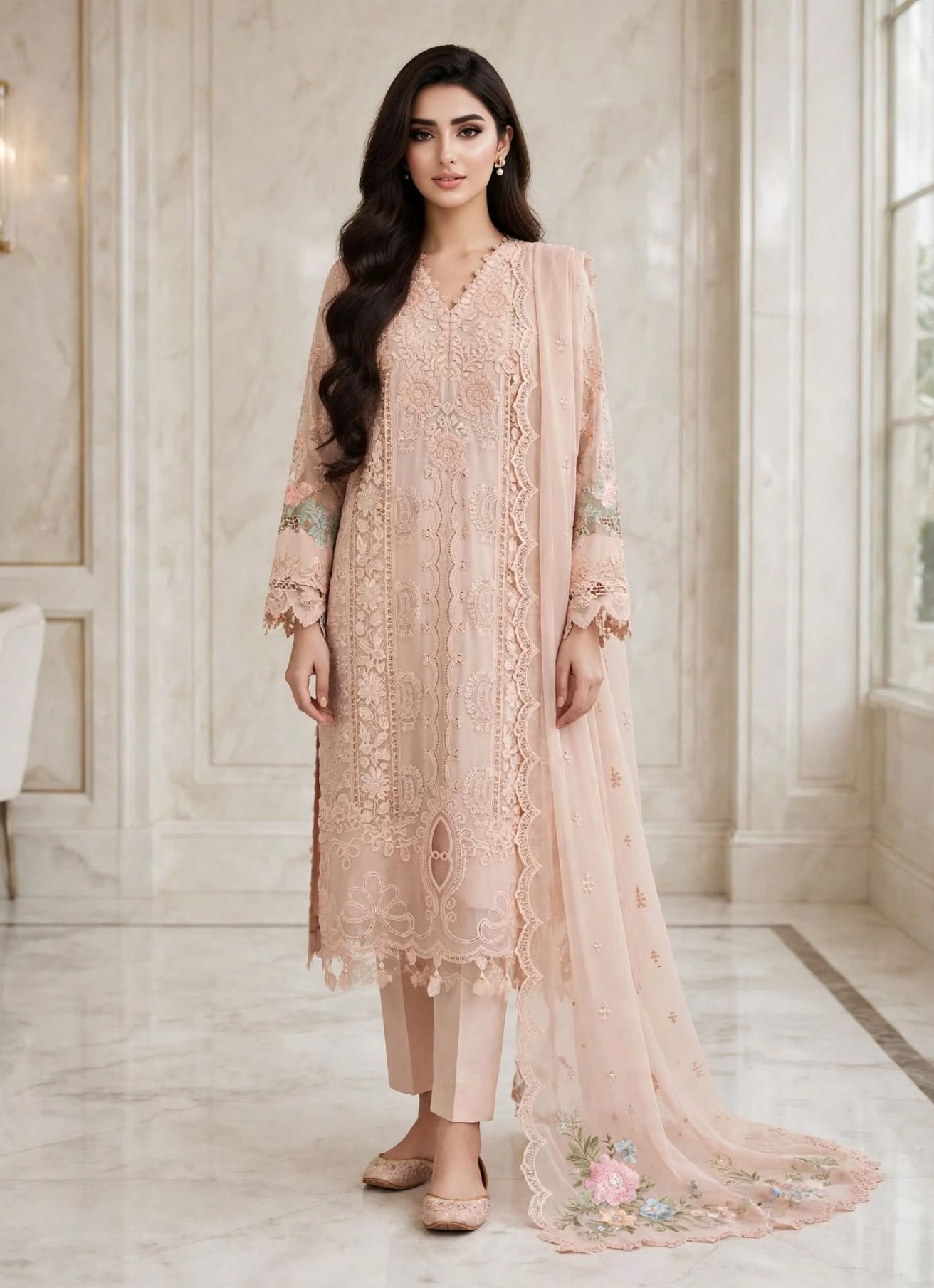 Maria-B-peach-blush-chikankari-cutwork-3-piece-suit Peach Blush Cutwork Embroidered 3 Piece Suit with Floral Border Dupatta - Image 1