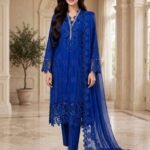 Royal Blue Cutwork Embroidered 3 Piece Suit with Lace-Trim Chiffon Dupatta