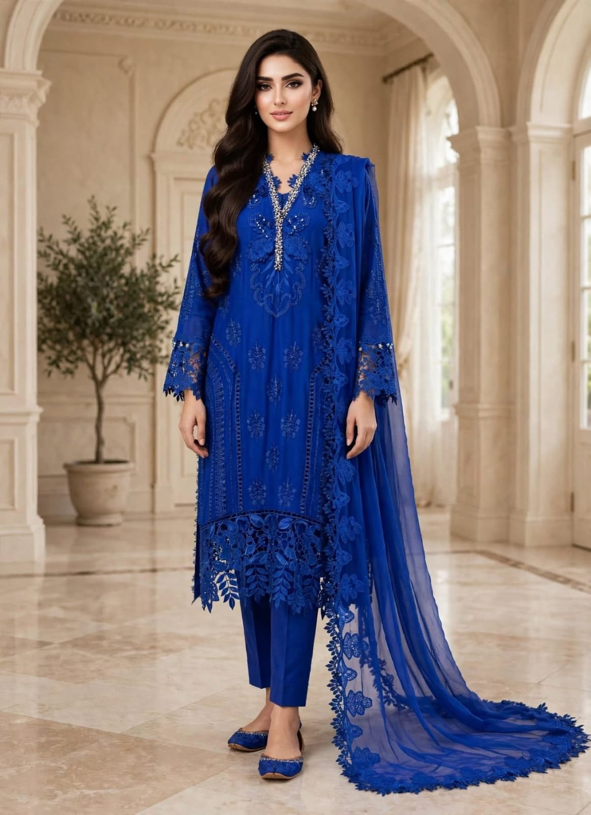 Maria-B-royal-blue-cutwork-3-piece-suit Royal Blue Cutwork Embroidered 3 Piece Suit with Lace-Trim Chiffon Dupatta - Image 1