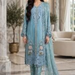 Sky Blue Sequin Stripe Embroidered 3 Piece Suit with Floral Dupatta