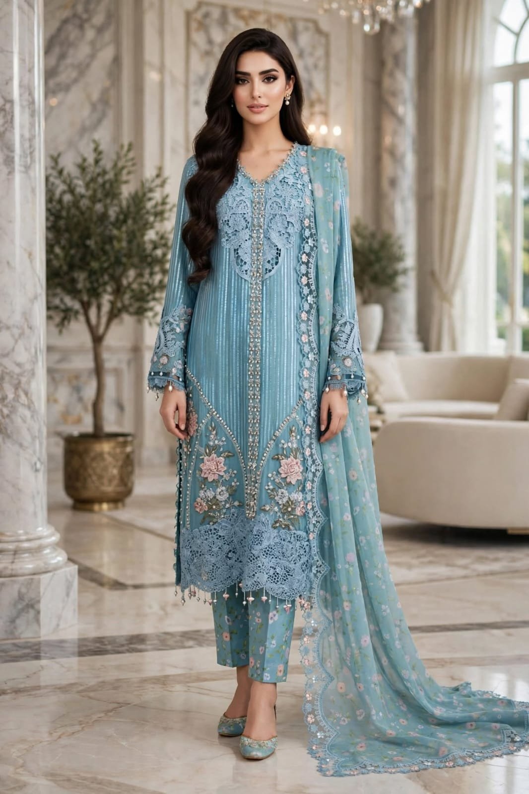 Maria-B-sky-blue-sequin-stripe-3-piece-suit Sky Blue Sequin Stripe Embroidered 3 Piece Suit with Floral Dupatta - Image 1