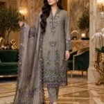 Taupe Grey Lilac Floral Embroidered 3 Piece Suit with Printed Dupatta