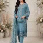 Teal Green Embroidered 3 Piece Suit with Ombre Chiffon Dupatta