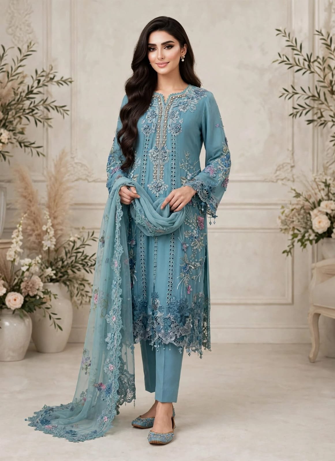 Maria-B-teal-green-ombre-embroidered-3-piece-suit Teal Green Embroidered 3 Piece Suit with Ombre Chiffon Dupatta - Image 1