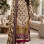 Beige Olive Floral Motif Printed 3 Piece Suit with Printed Dupatta