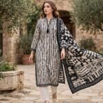 Black & Ivory Tie-Dye Stripe 3 Piece Suit with Printed Dupatta