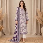 Ivory Purple Floral Print 3 Piece Suit with Purple Feather Print Dupatta
