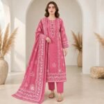 Rose Pink White Floral Print 3 Piece Suit with Matching Dupatta