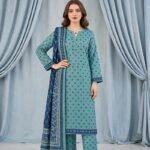 Teal Green Motif Print 3 Piece Suit with Navy Paisley Dupatta