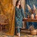 Teal Mustard Floral Print 3 Piece Suit with Mustard Dupatta