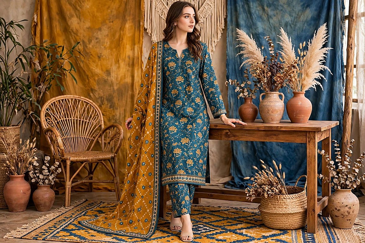 bin-saeed-teal-mustard-floral-print-3-piece-suit-with-mustard-dupatta Teal Mustard Floral Print 3 Piece Suit with Mustard Dupatta - Image 1