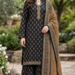 Binsaeed Black & Gold Motif 3-Piece Suit with Mustard Dupatta