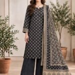 Binsaeed Charcoal Floral Motif 3-Piece Suit with Beige Dupatta