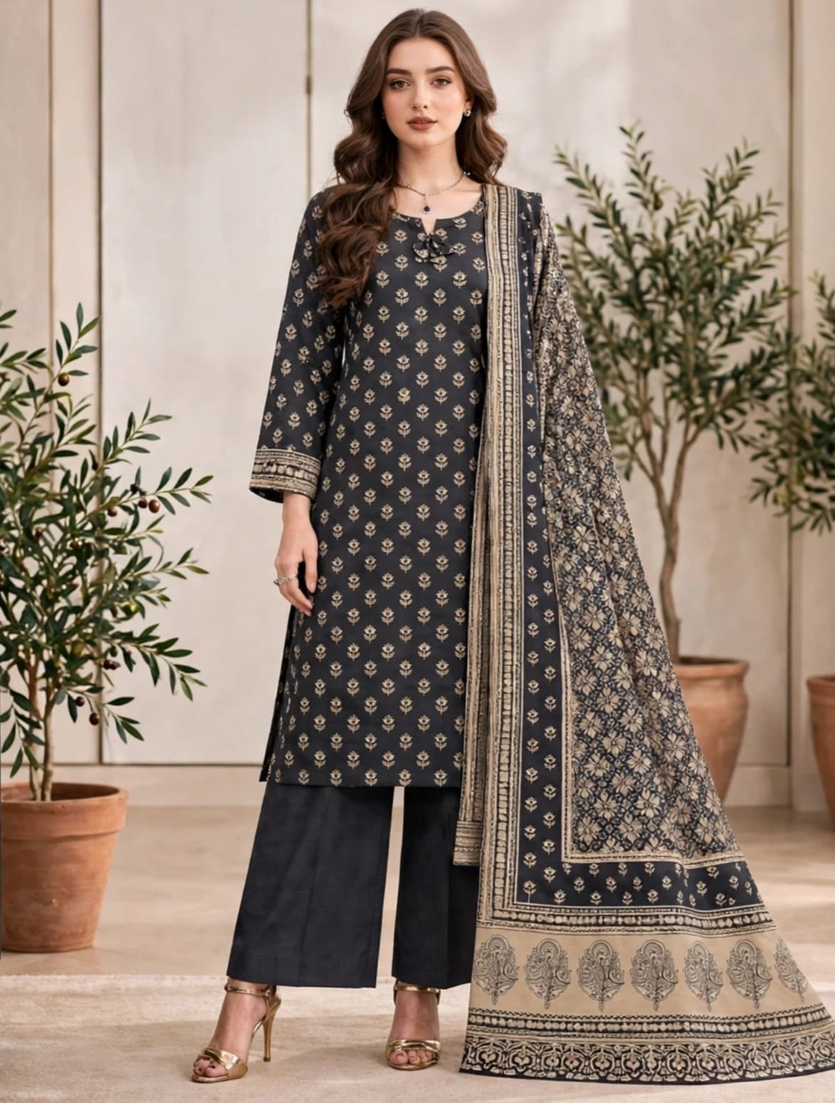binsaeed-charcoal-floral-motif-3-piece-suit-1 Binsaeed Charcoal Floral Motif 3-Piece Suit with Beige Dupatta - Image 1