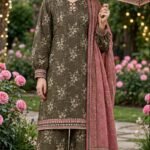 Binsaeed Olive Green Leaf Print 3-Piece Suit with Dusty Rose Dupatta
