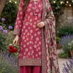 Binsaeed Raspberry Pink Floral 3-Piece Suit with Ikat Dupatta