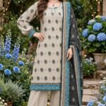 Binsaeed Stone Grey Block Print 3-Piece Suit with Teal Border