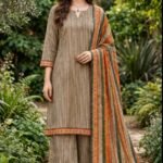 Binsaeed Taupe Striped 3-Piece Suit with Orange Border Dupatta