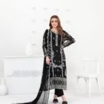 Black White Thread Embroidered 3 Piece Suit with Chiffon Dupatta