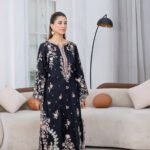 Black Floral Embroidered Long Kurta with Scalloped Sleeves and Cutwork Hem