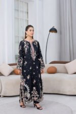 Black Floral Embroidered Long Kurta with Scalloped Sleeves and Cutwork Hem