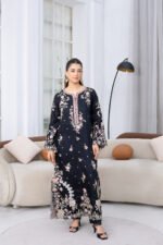 Black Floral Embroidered Long Kurta with Scalloped Sleeves and Cutwork Hem - Image 3