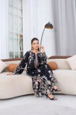 Black Floral Embroidered Long Kurta with Scalloped Sleeves and Cutwork Hem - Image 4