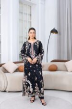 Black Floral Embroidered Long Kurta with Scalloped Sleeves and Cutwork Hem - Image 5