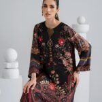 Black & Crimson Paisley Printed Shamoze Silk Kaftan with Wide Bell Sleeves