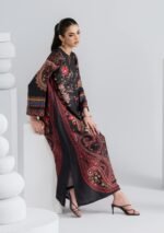 Black & Crimson Paisley Printed Shamoze Silk Kaftan with Wide Bell Sleeves - Image 3