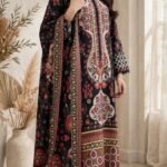 Black Red Floral Printed 3 Piece Suit with Printed Dupatta