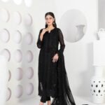 Black Sequin Embroidered 3 Piece Suit with Tassel Tie Neckline and Cutwork Dupatta