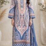 Blue Pink Paisley Printed 3 Piece Suit with Printed Dupatta