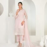 Blush Pink Embroidered 3 Piece Suit with Lattice Cutwork Hem and Chiffon Dupatta