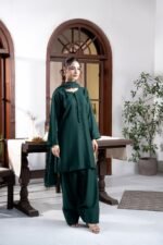Bottle Green Embroidered Three-Piece Shalwar Suit with Floral Cutwork Dupatta