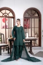 Bottle Green Embroidered Three-Piece Shalwar Suit with Floral Cutwork Dupatta - Image 2