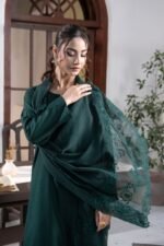 Bottle Green Embroidered Three-Piece Shalwar Suit with Floral Cutwork Dupatta - Image 4