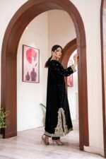 Bottle Green Velvet Paisley Embroidered Kurta Set with Tassel Neckline - Image 6