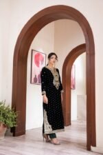 Bottle Green Velvet Paisley Embroidered Kurta Set with Tassel Neckline - Image 7