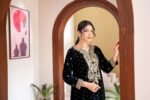 Bottle Green Velvet Paisley Embroidered Kurta Set with Tassel Neckline - Image 9