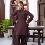 Chocolate Brown Embroidered Three-Piece Shalwar Suit with Floral Cutwork Dupatta