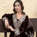 Coffee Brown Mirror Work Velvet Kaftan Set