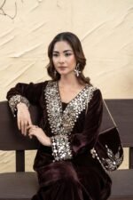 Coffee Brown Mirror Work Velvet Kaftan Set