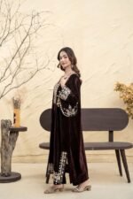 Coffee Brown Mirror Work Velvet Kaftan Set - Image 2