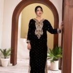 Coffee Brown Velvet Paisley Embroidered Kurta Set with Tassel Neckline