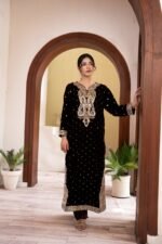 Coffee Brown Velvet Paisley Embroidered Kurta Set with Tassel Neckline