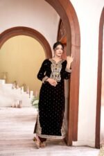 Coffee Brown Velvet Paisley Embroidered Kurta Set with Tassel Neckline - Image 2