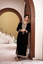Coffee Brown Velvet Paisley Embroidered Kurta Set with Tassel Neckline - Image 3